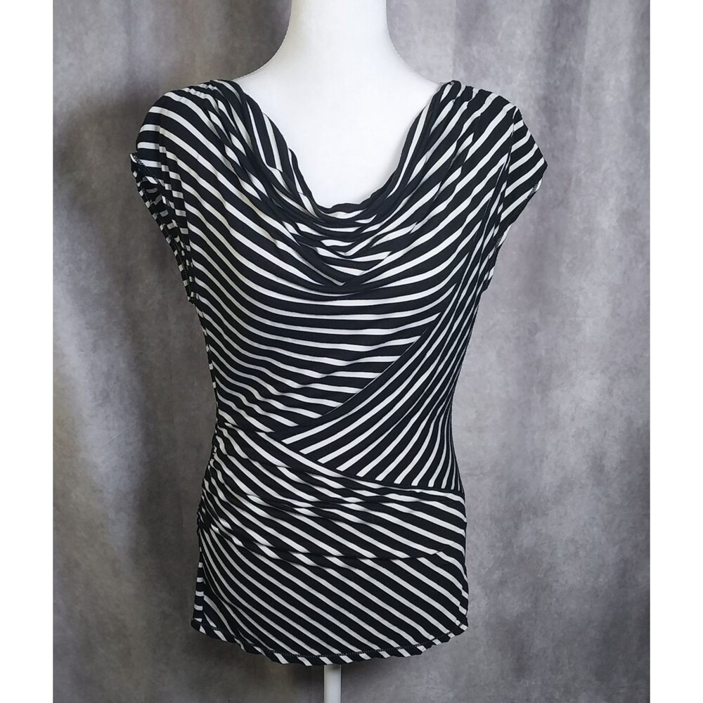 Max Studio Womens Black White Striped Cowl Neck Top Short Sleeve Ruched Size Med